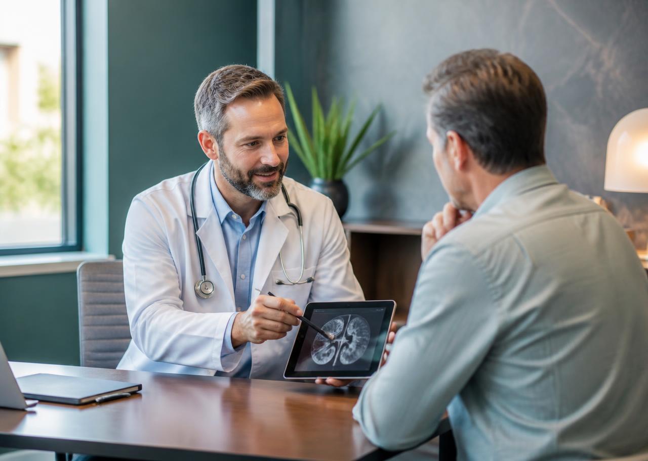 Consultant renal specialist reviewing kidney results with a patient